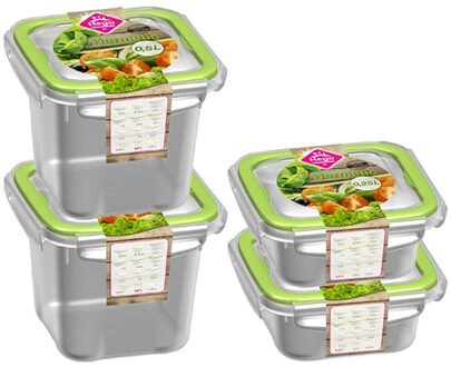 Hega hogar 4x Voorraad/vershoudbakjes 0,25 en 0,5 liter transparant/groen