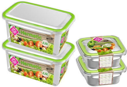 Hega hogar 4x Voorraad/vershoudbakjes 0,25 en 2,5 liter transparant/groen - Vershoudbakjes