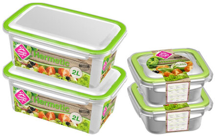 Hega hogar 4x Voorraad/vershoudbakjes 0,25 en 2 liter transparant/groen - Vershoudbakjes