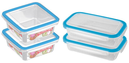 Hega hogar 4x Voorraad/vershoudbakjes 0,5 en 1 liter transparant/blauw