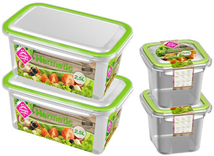 Hega hogar 4x Voorraad/vershoudbakjes 0,5 en 2,5 liter transparant/groen - Vershoudbakjes