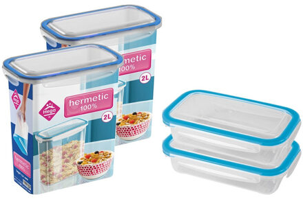 Hega hogar 4x Voorraad/vershoudbakjes 0,5 en 2 liter transparant/blauw