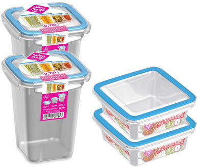 Hega hogar 4x Voorraad/vershoudbakjes 0,75 en 1 liter transparant/blauw