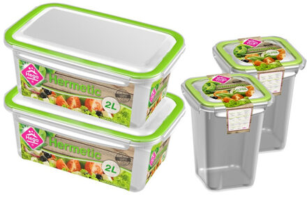 Hega hogar 4x Voorraad/vershoudbakjes 0,75 en 2 liter transparant/groen - Vershoudbakjes