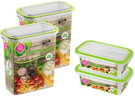 Hega hogar 4x Voorraad/vershoudbakjes 0,75 en 2 liter transparant/groen