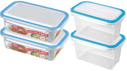 Hega hogar 4x Voorraad/vershoudbakjes 1,2 en 1,5 liter transparant/blauw - Vershoudbakjes