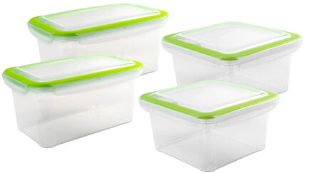 Hega hogar 4x Voorraad/vershoudbakjes 1,5 en 2,5 liter transparant/groen - Vershoudbakjes