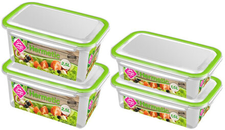 Hega hogar 4x Voorraad/vershoudbakjes 1,5 en 2,5 liter transparant/groen