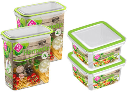 Hega hogar 4x Voorraad/vershoudbakjes 1,5 en 2 liter transparant/groen