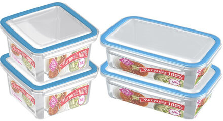 Hega hogar 4x Voorraad/vershoudbakjes 1,5 liter transparant/blauw