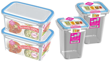 Hega hogar 4x Voorraad/vershoudbakjes 2,5 en 0,75 liter transparant/blauw