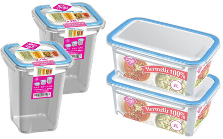 Hega hogar 4x Voorraad/vershoudbakjes 2 en 0,75 liter transparant/blauw