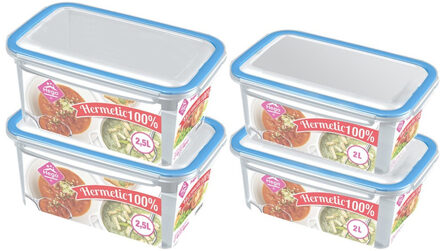Hega hogar 4x Voorraad/vershoudbakjes 2 en 2,5 liter transparant/blauw