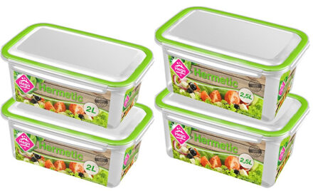 Hega hogar 4x Voorraad/vershoudbakjes 2 en 2,5 liter transparant/groen - Vershoudbakjes