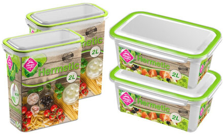 Hega hogar 4x Voorraad/vershoudbakjes 2 liter transparant/groen