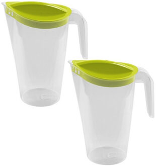 Hega hogar 4x Waterkannen/sapkannen met groene deksel 1,75 liter 13 x 22 cm kunststof - Compact formaat schenkkannen die in de koelkastdeur past - Sapkannen/waterkannen/schenkkannen/limonadekannen