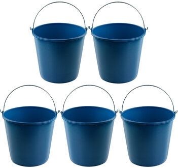 Hega hogar 5x Blauwe schoonmaakemmers/huishoudemmers 16 liter 32 x 28 cm - Agri emmers - Kunststof/plastic emmer/sopemmer met metalen hengsel/handvat