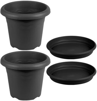 Hega hogar 5x stuks ronde plantenpotten antraciet grijs met opvangschaal dia 20 cm