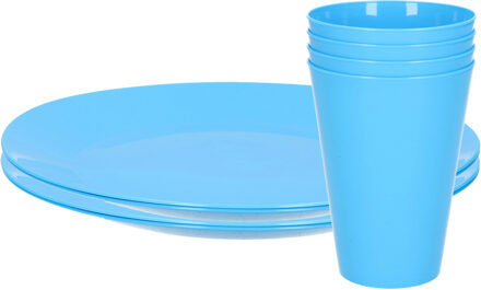 Hega hogar 8-delig ontbijt/diner set van hard kunststof in het blauw - outdoor camping - Drinkbekers