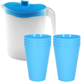 Hega hogar 8x kunststof drinkbekers 430 ML met schenkkan set blauw van 2.5 liter - Schenkkannen