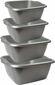 Hega hogar Afwasbakken - 4x stuks diverse formaten - zilver - kunststof - 3, 6, 10 en 15 liter inhoud