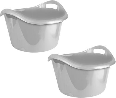 Hega hogar Grote teil/afwasbak/kuip - 2x - kunststof - rond - handvatten - 54 x 32 cm - 38 liter - zilvergrijs