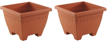 Hega hogar Hega Hoger Plantenbak/bloempot Lima - 2x - terracotta - vierkant - kunststof - 35x35x28 cm - planten pot - Plantenbakken Bruin