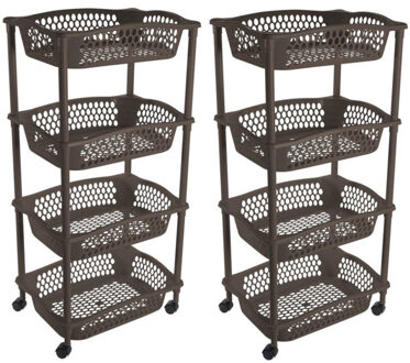 Hega hogar Keuken opberg trolley - 2x stuks - 4 manden - cappuccino bruin - 86 x 41 cm - roltafel