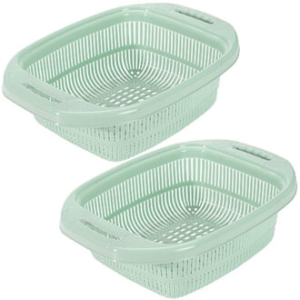 Hega hogar keuken vergiet / zeef - 2x stuks - 39 x 27 x 12 cm - kunststof - met rand - Mintgroen
