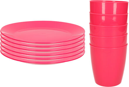 Hega hogar Kunststof ontbijt/diner 12x bordjes 26 cm en 10x bekertjes 300 ML set roze
