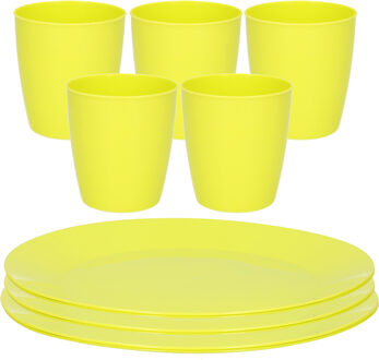 Hega hogar Kunststof ontbijt/diner 6x bordjes 26 cm en 5x bekertjes 300 ML set groen - Campingborden