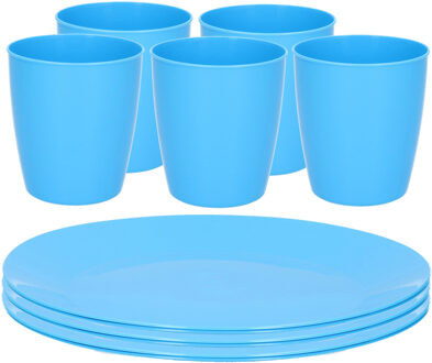 Hega hogar Kunststof ontbijt/diner 8x bordjes 26 cm en 10x bekertjes 300 ML set blauw - Campingborden