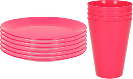 Hega hogar Kunststof ontbijt/diner 8x bordjes 26 cm en 8x bekertjes 430 ML set roze