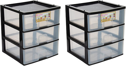 Hega hogar Ladeblokje - 2x - 3 lades - zwart - kunststof - 38 x 38 x 44 cm - ladekastje