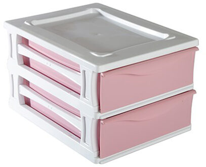 Hega hogar Ladeblokje/bureau organizer 2x grote lades - wit/roze - L26 x B35 x H20 cm - kunststof