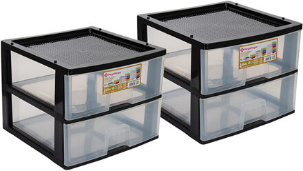 Hega hogar Ladeblokje/bureau organizer 2x grote lades - zwart/transparant - L38 x B38 x H30 cm - kunststof