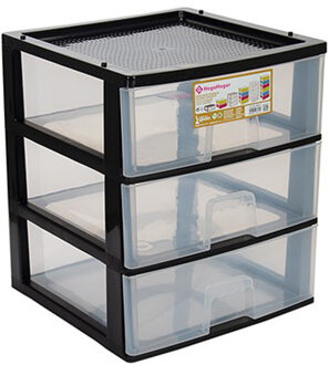 Hega hogar Ladeblokje/bureau organizer 3x lade - zwart/transparant - L38 x B38 x H44 cm - kunststof - Ladeblok