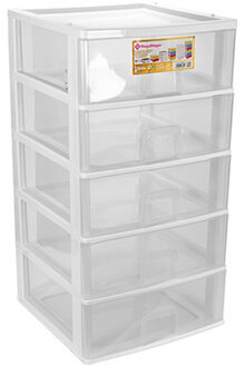 Hega hogar Ladeblokje/bureau organizer 5x grote lades - wit/transparant - L38 x B38 x H72 cm - kunststof