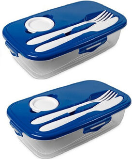 Hega hogar Lunchbox - 2x - wit met bestek -1 liter - plastic -14 x 23 x 6 cm