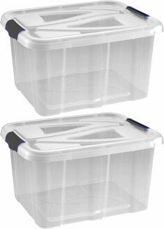 Hega hogar Opbergbox - 2x - transparant/zilvergrijs - 30 liter - 49 x 39 x 26 cm - kunststof - opbergdoos