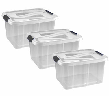 Hega hogar Opbergbox - 3x - transparant/zilvergrijs - 30 liter - 49 x 39 x 26 cm - kunststof - opbergdoos
