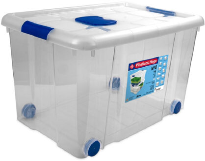 Hega hogar Opbergbox/opbergdoos met deksel en wieltjes 55 liter kunststof transparant/blauw - Opbergbox