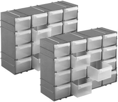 Hega hogar Opbergboxen/sorteerboxen - 2x - met 16 vakken - ophangbaar - 15 x 22 x 7 cm - grijs