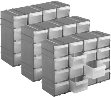 Hega hogar Opbergboxen/sorteerboxen - 3x - met 16 vakken - ophangbaar - 15 x 22 x 7 cm - grijs