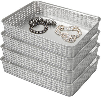 Hega hogar Opbergmandje/kastmandje - 4x - zilvergrijs - 4.5 liter - kunststof - 26 x 35 x 6 cm - ladeverdelers