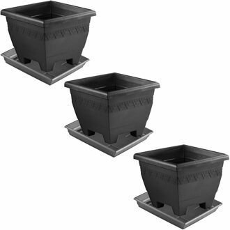 Hega hogar Plantenbakken - 3x - antraciet grijs - met onderschaal - 40 x 40 x 31.5 cm