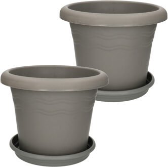 Hega hogar Plantenpot/bloempot Flori met onderschaal - set van 2x - 26 cm - kunststof - Plantenpotten Grijs