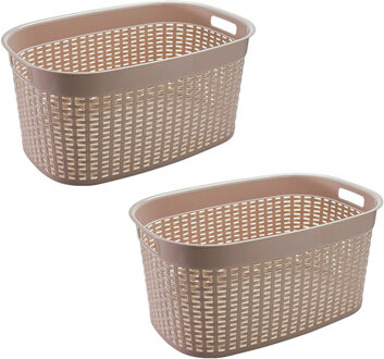 Hega hogar Rotan line wasmand - 2x - beige - inhoud 44 liter - kunststof - 58 x 39 x 27 cm - Wasmanden