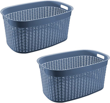 Hega hogar Rotan line wasmand - 2x - blauw - inhoud 44 liter - kunststof - 58 x 39 x 27 cm - met handvatten