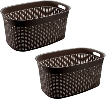 Hega hogar Rotan line wasmand - 2x - donkerbruin - inhoud 44 liter - kunststof - 58x39x27 cm - met handvatten